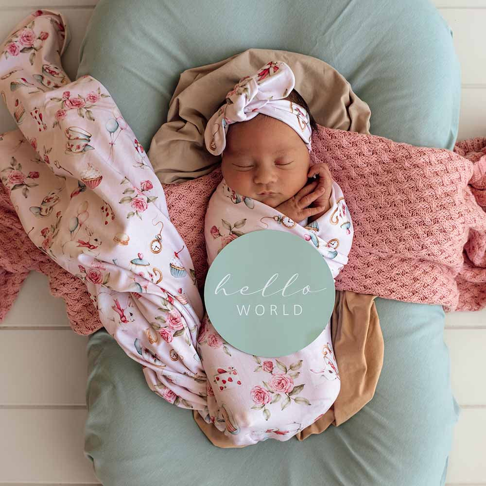 Snuggle Hunny Jersey Wrap and Headband Set - Alice's Tea Party