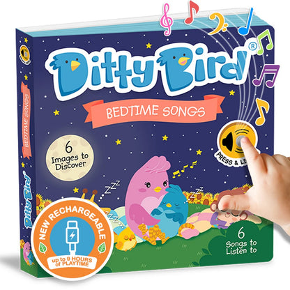 Ditty Bird bedtime songs book with colorful design and hand pressing a button