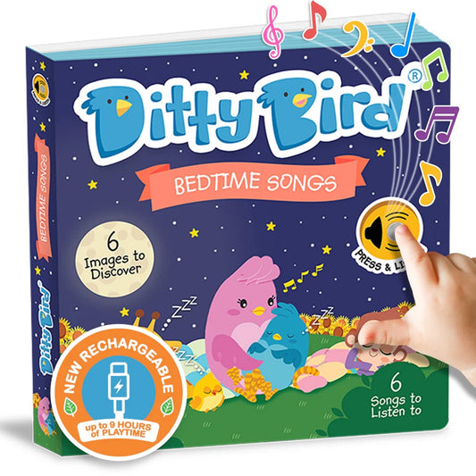 Ditty Bird bedtime songs book with colorful design and hand pressing a button