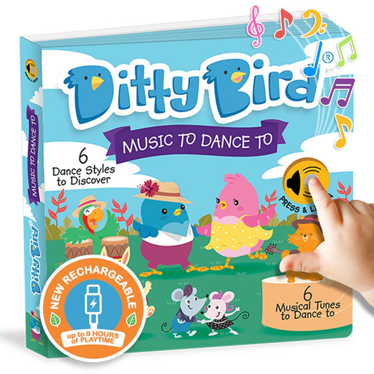 Children's book titled 'Ditty Bird' with colorful illustrations and a hand pressing a button on the cover.