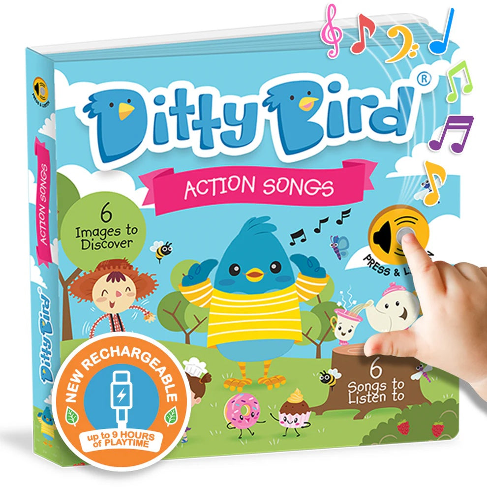 Ditty Bird action songs book with colorful design and hand pressing a button