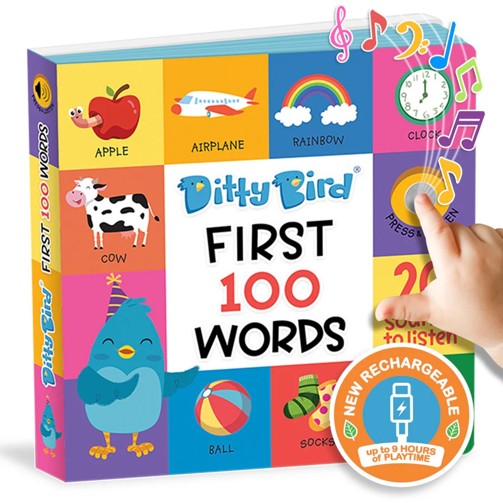 Children's educational book titled 'First 100 Words' by Ditty Bird with colorful illustrations and a hand pressing a button.