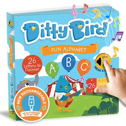 Ditty Bird Fun Alphabet book with colorful design and hand pressing a button