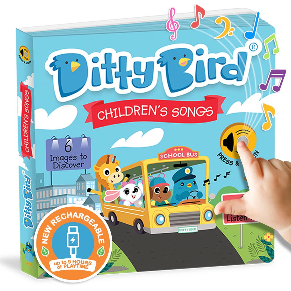 Children's book titled 'Ditty Bird Children's Songs' with a hand pressing a button on the cover.