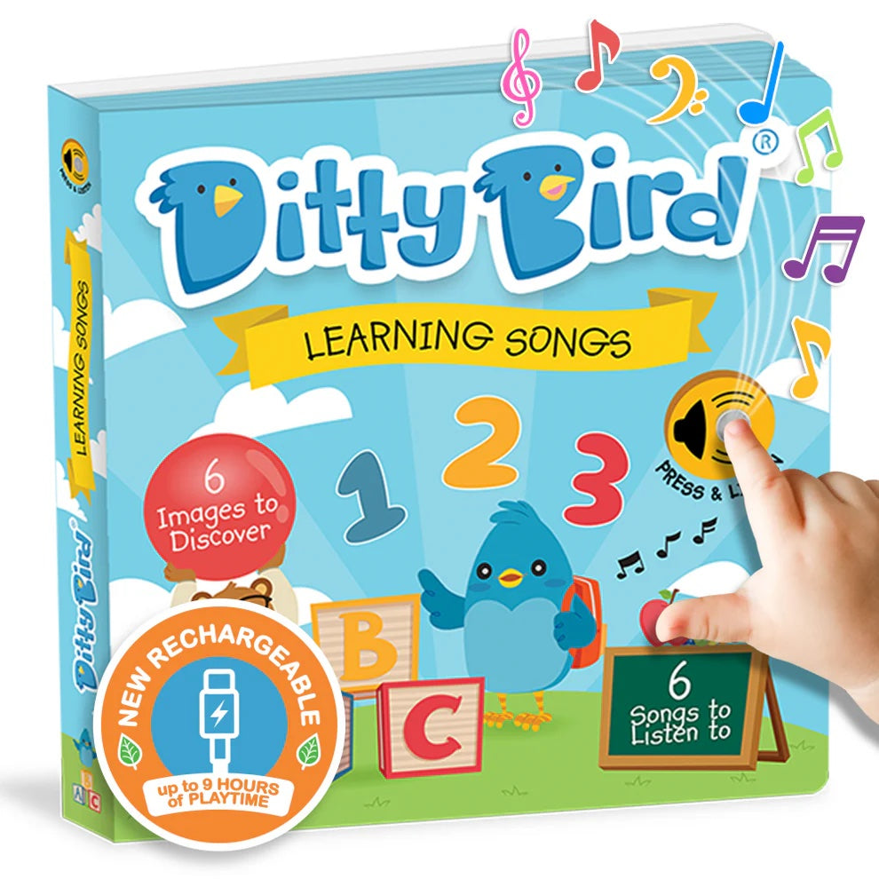 Ditty Bird learning songs book with colorful design and child's hand pressing a button