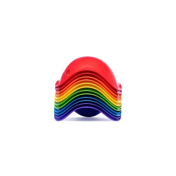 Stack of rainbow-colored silicone baking mats on a white background