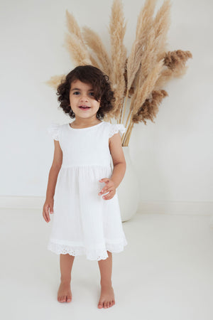 Aster and Oak Muslin Cotton Flutter Dress - White