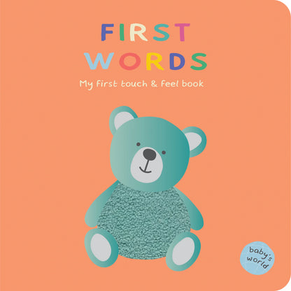 Book cover with a teal teddy bear and colorful text on an orange background