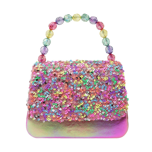 Multicolored sequin handbag with beaded handle on a white background