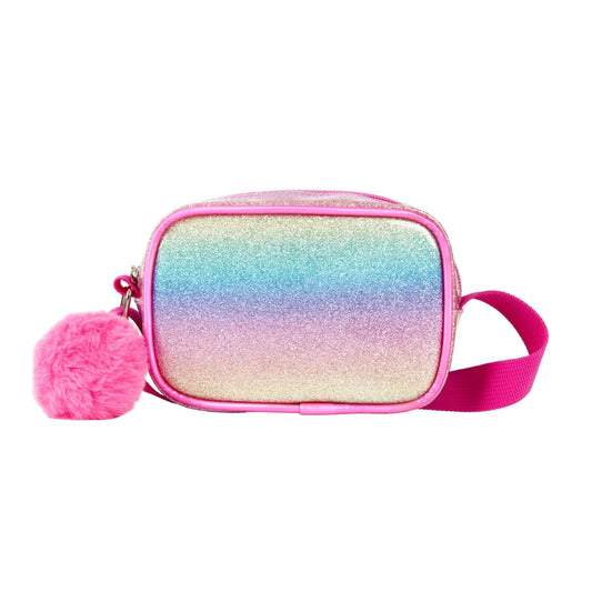 Multicolored glittery pouch with a pink pom-pom on a white background