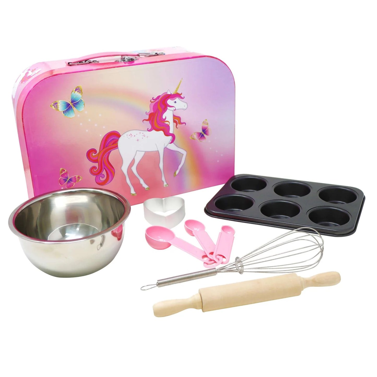 Children's baking set with unicorn-themed tin, bowl, measuring spoons, whisk, and rolling pin on a white background.