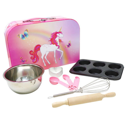 Children's baking set with unicorn-themed tin, bowl, measuring spoons, whisk, and rolling pin on a white background.