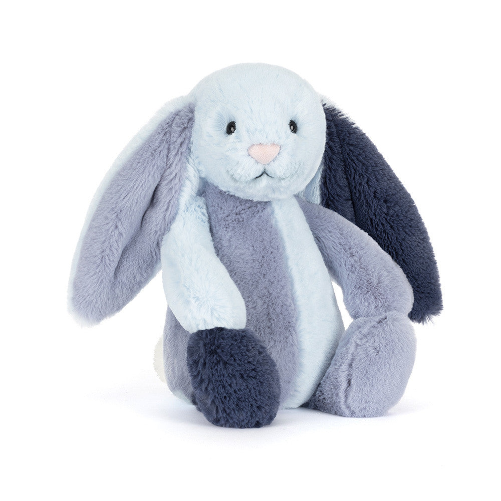 JELLYCAT Plush toy rabbit with gray and blue fur on a white background