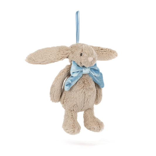 Plush bunny toy with a blue bow tie on a white background