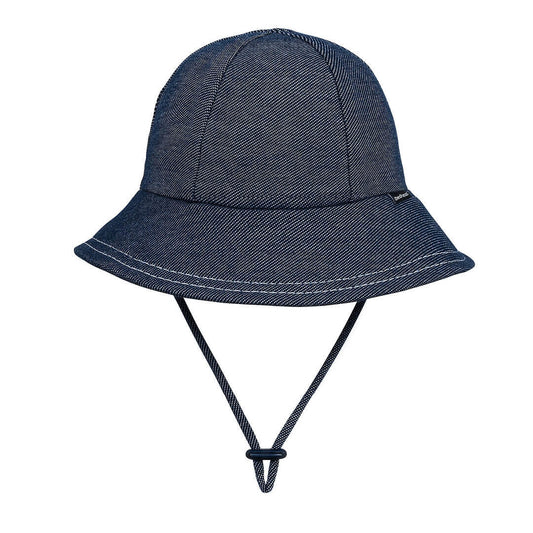 Navy bucket hat with chin strap on a white background