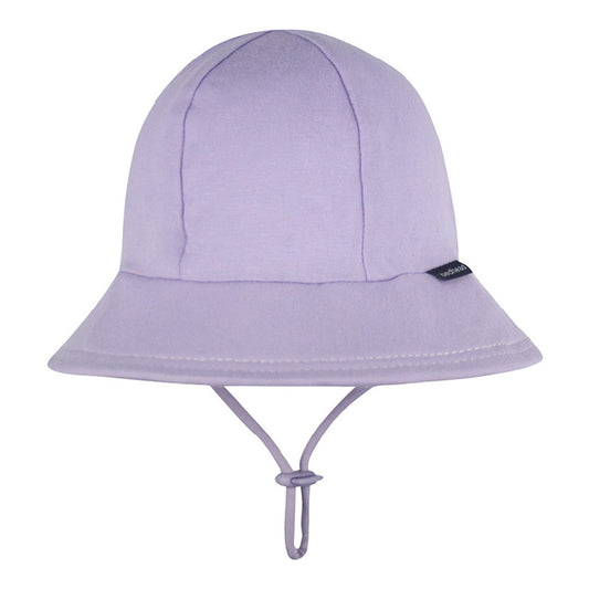 Light purple bucket hat with a strap on a white background