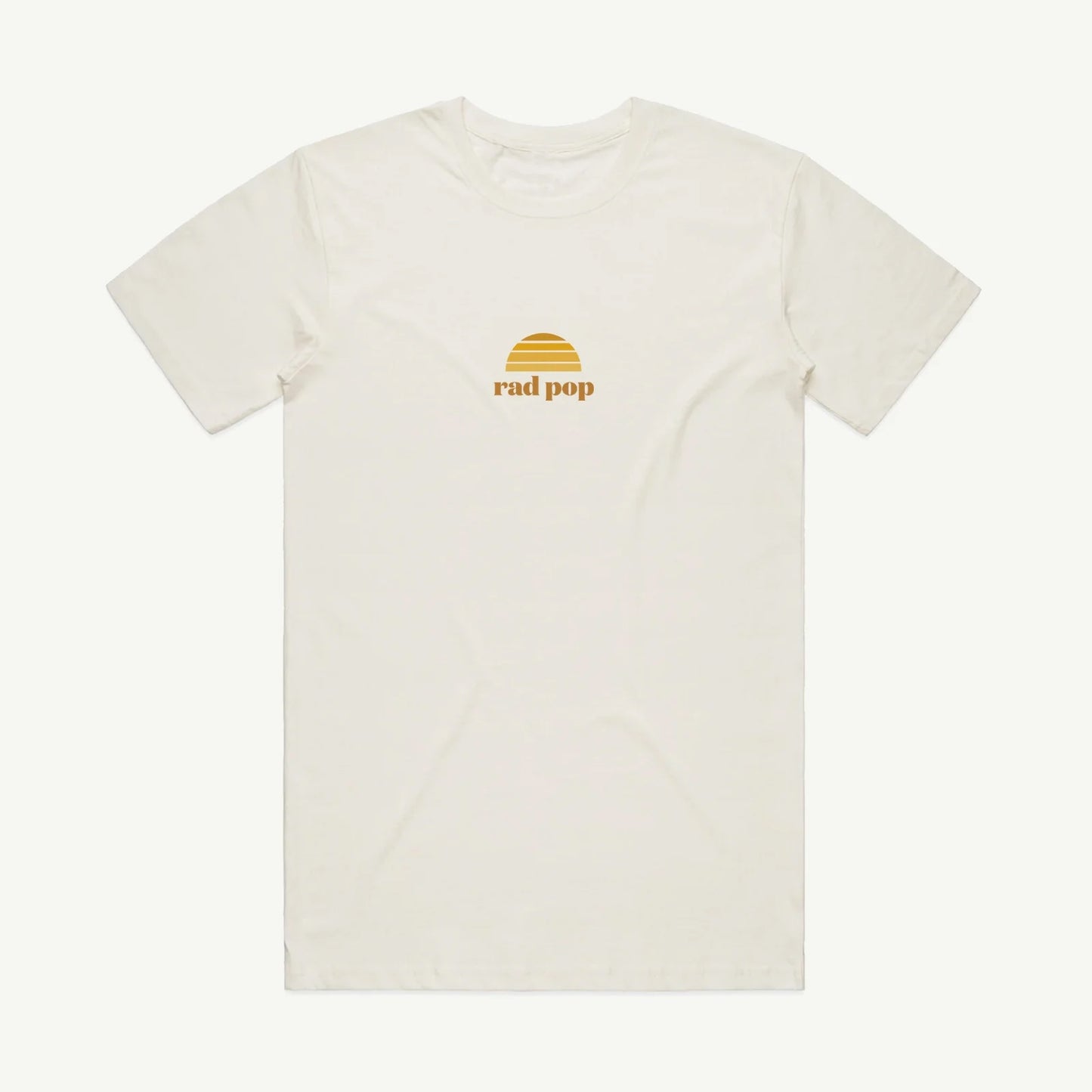 White t-shirt with a yellow logo and text on a white background