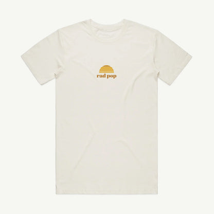 White t-shirt with a yellow logo and text on a white background