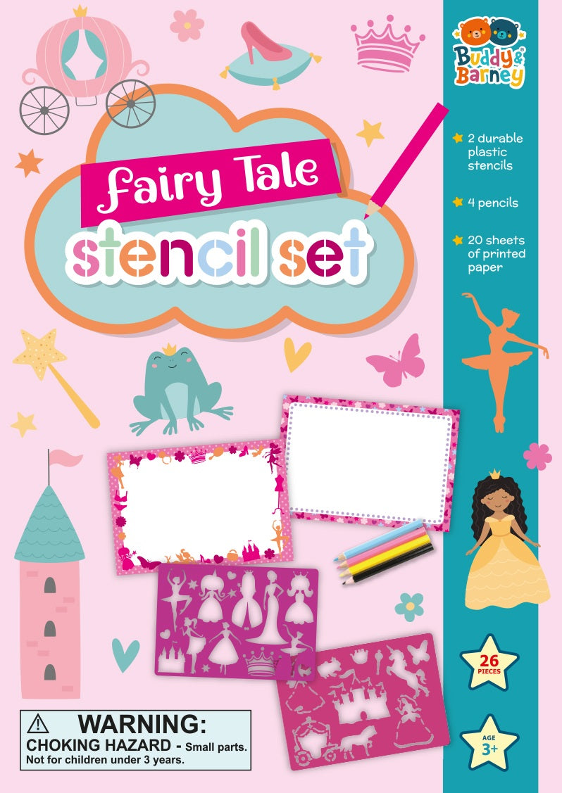Fairy Tale stencil set packaging with princess design and colorful elements on a pink background.