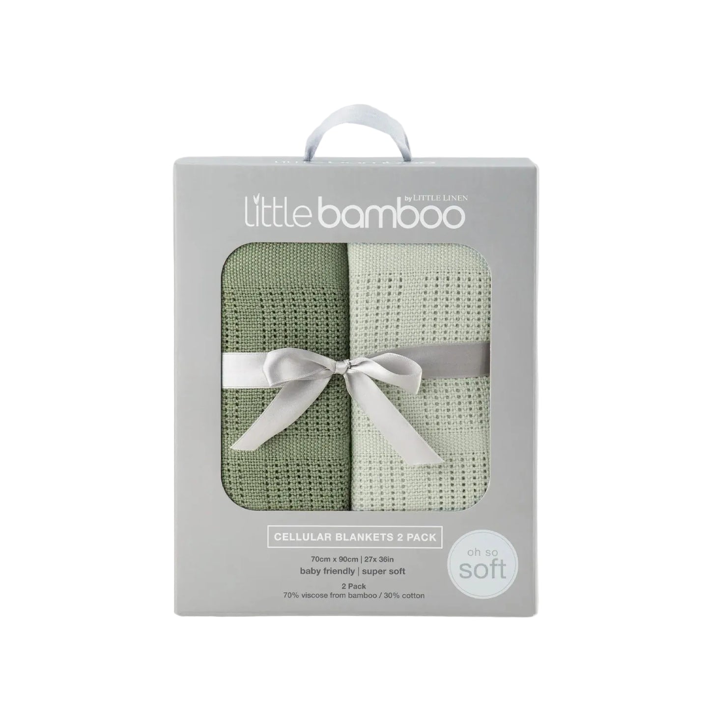 Packaged green Cellular Blankets by Little Bamboo on a light gray background
