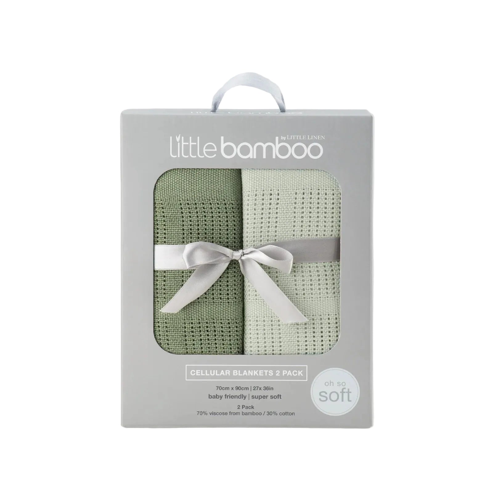 Packaged green Cellular Blankets by Little Bamboo on a light gray background