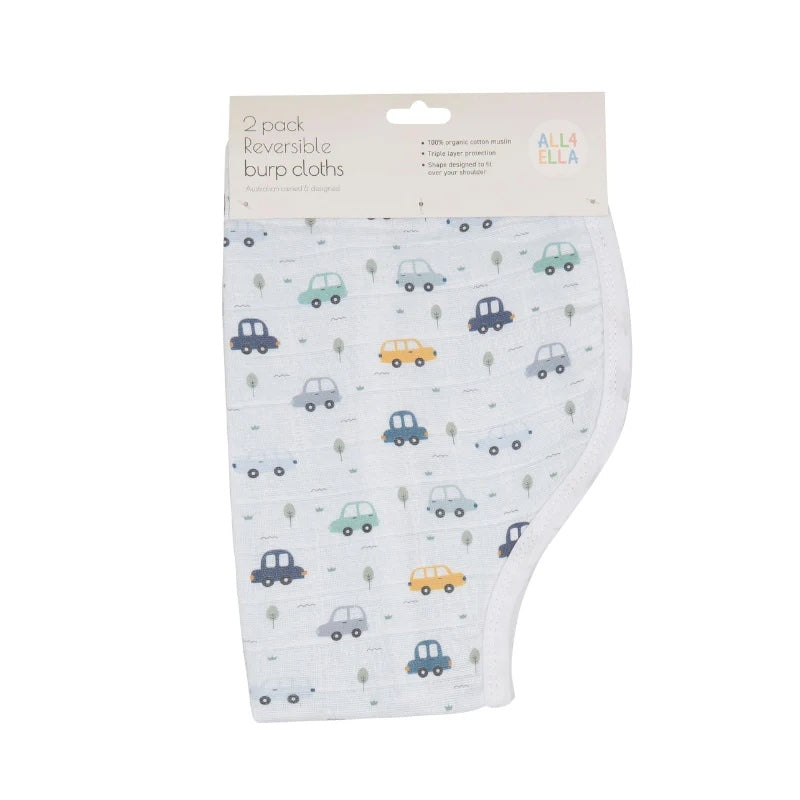 Pack of reversible burp cloths with car pattern on a white background