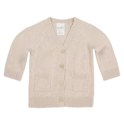 Beige cardigan with gold buttons on a white background