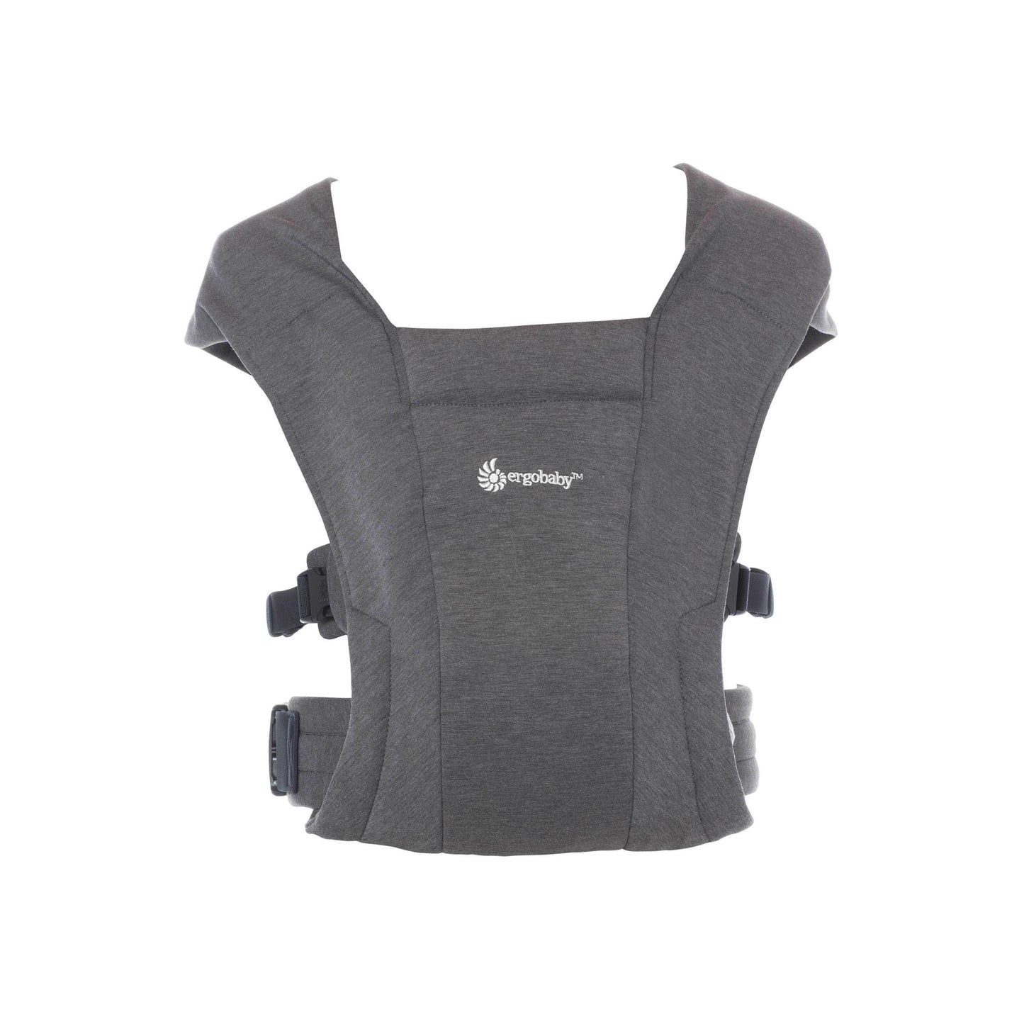 Gray baby carrier with a visible brand logo on a white background