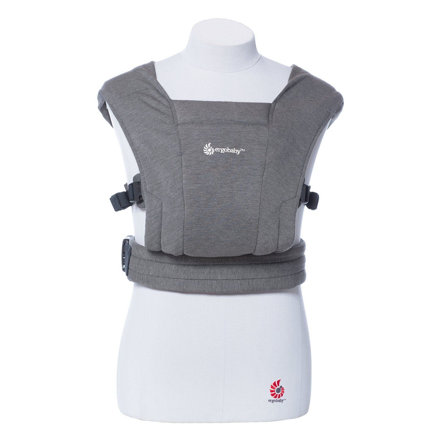 Gray baby carrier on a mannequin with Ergobaby logo against a white background