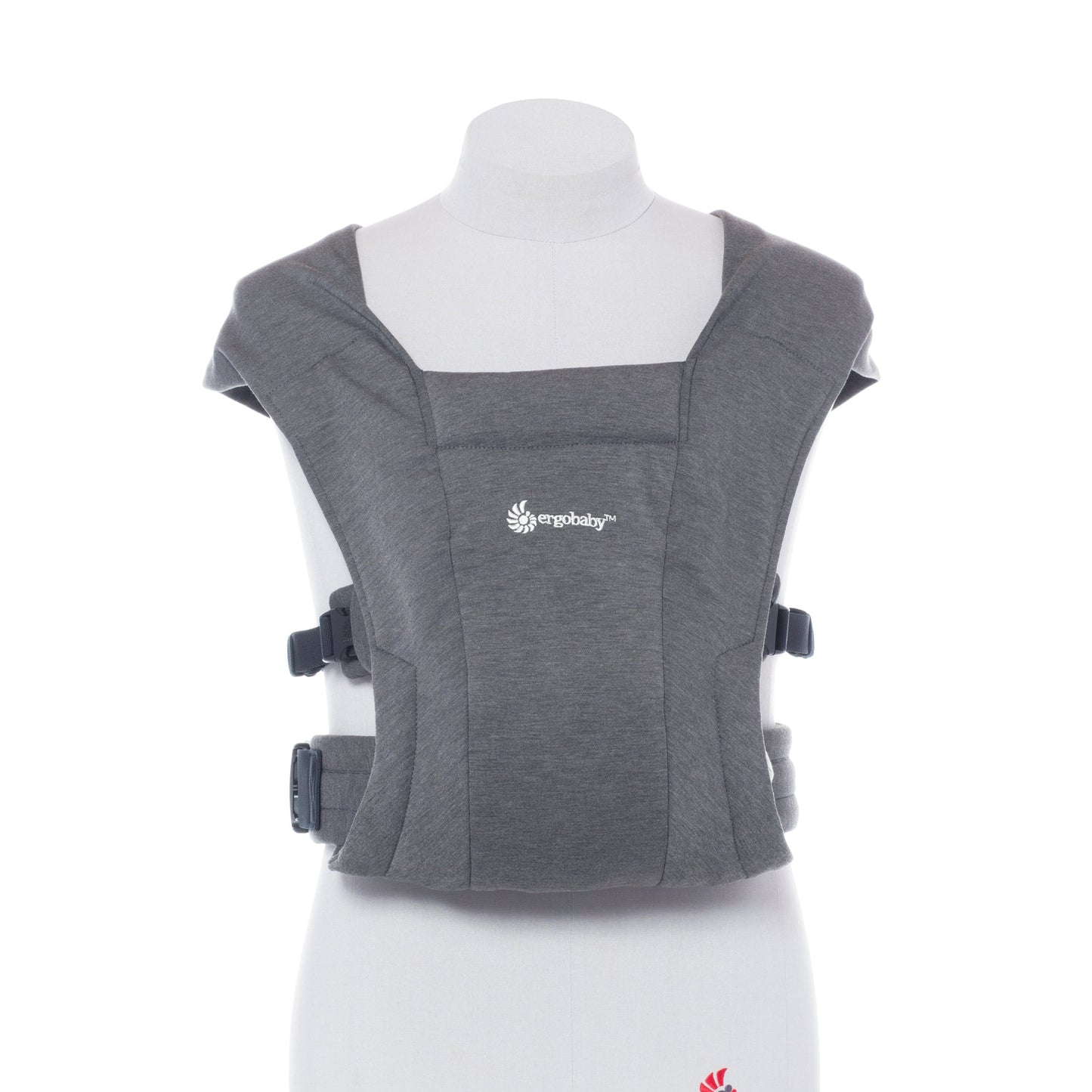 Gray baby carrier on a mannequin with a white background