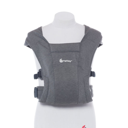 Gray baby carrier on a mannequin with a white background