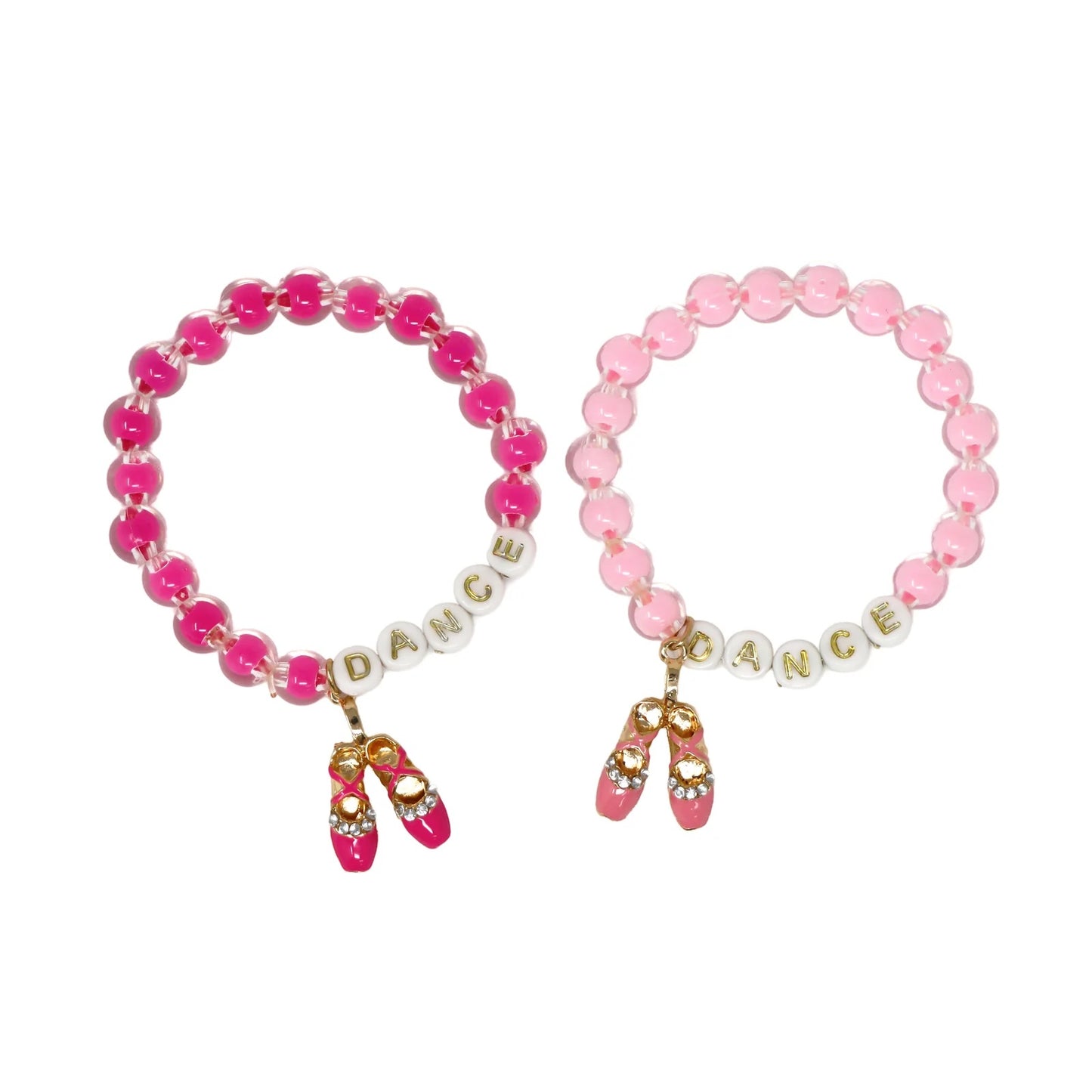 Two beaded bracelets with 'DANCE' and ballet slipper charms on a white background