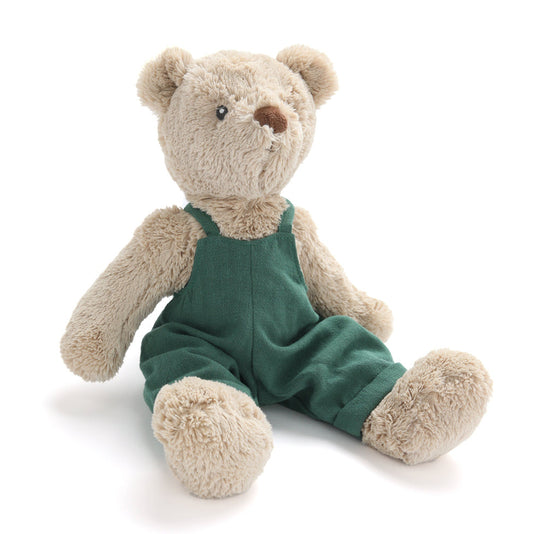 Stuffed teddy bear wearing green overalls on a white background