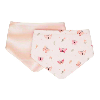 Two baby bibs, one striped and one with butterfly pattern, on a white background