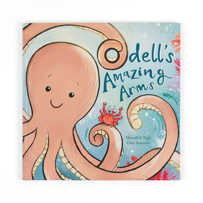 Book cover of 'Oddell's Amazing Arms' with an octopus illustration on a blue background.