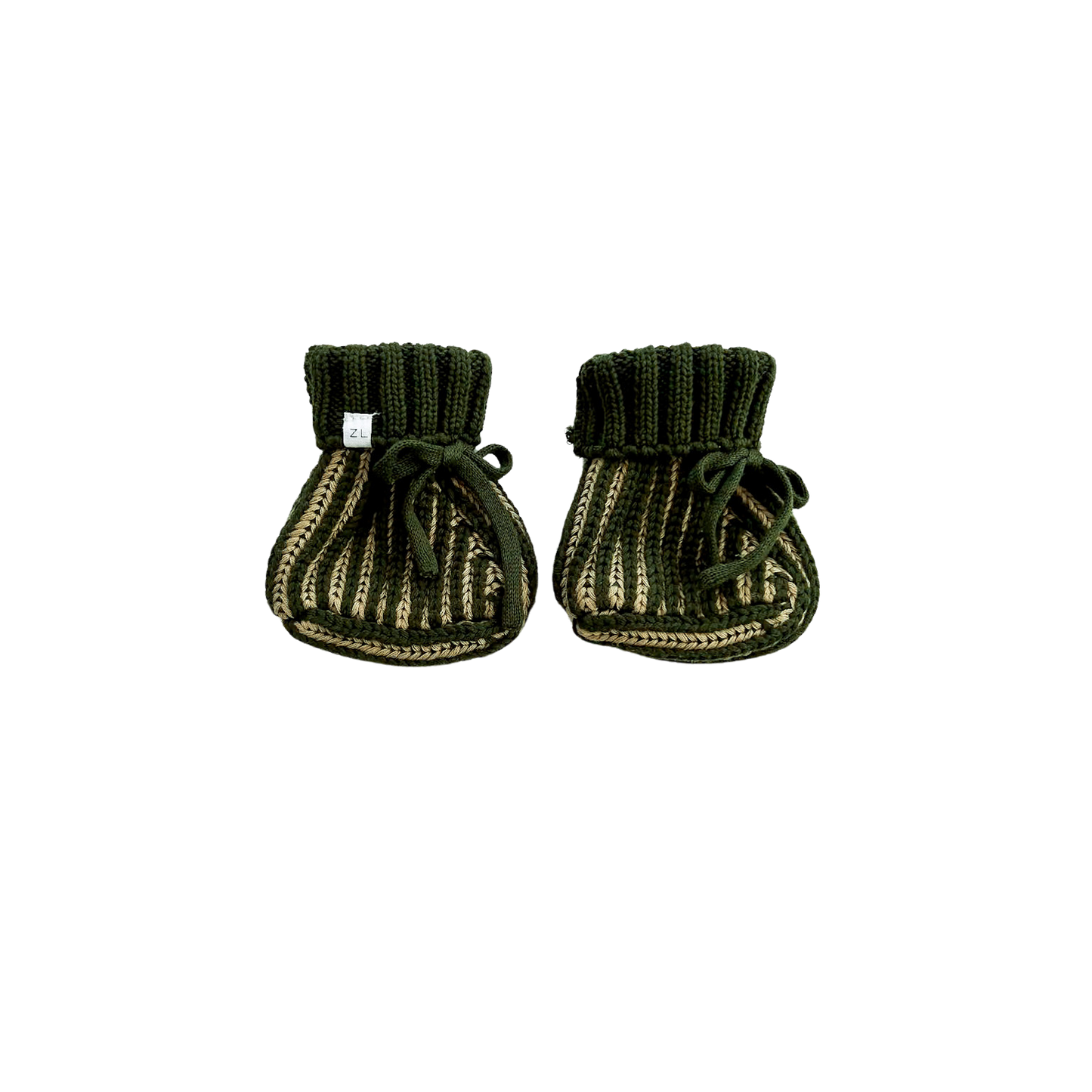 Pair of green baby booties on a white background