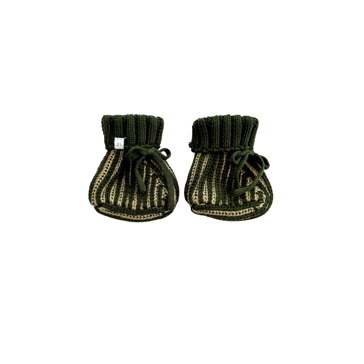 Pair of green baby booties on a white background