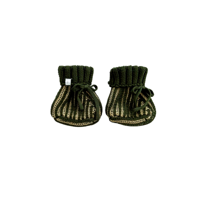 Pair of green baby booties on a white background