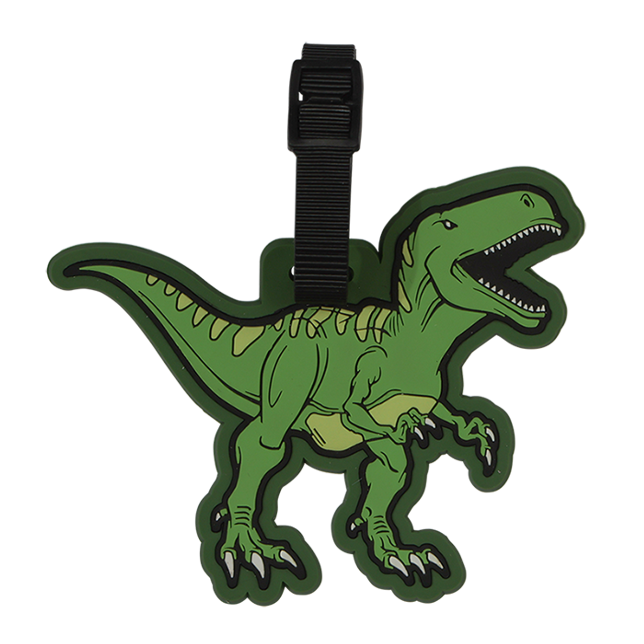 Green dinosaur-shaped luggage tag on a white background