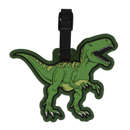 Green dinosaur-shaped luggage tag on a white background