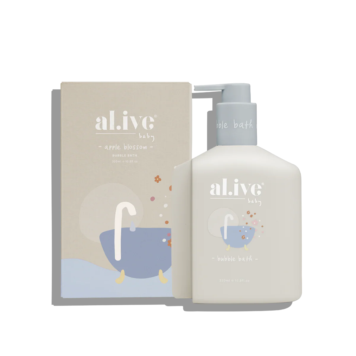 Baby bath product set with bottle and packaging featuring 'alive baby' branding on a white background.