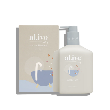 Baby bath product set with bottle and packaging featuring 'alive baby' branding on a white background.