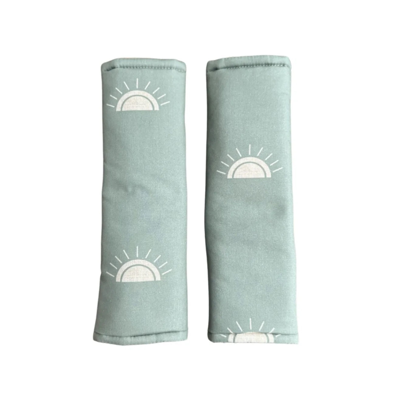 Two light blue fabric swaddles with white sun designs on a white background