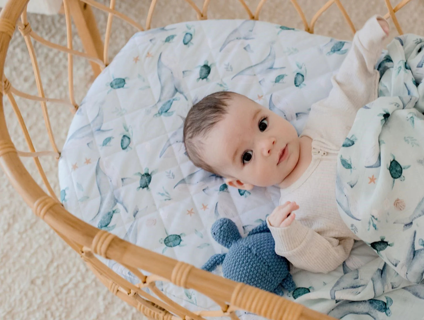 Bambella Waterproof Fitted Bassinet & Change Pad Cover - Turtle Bay