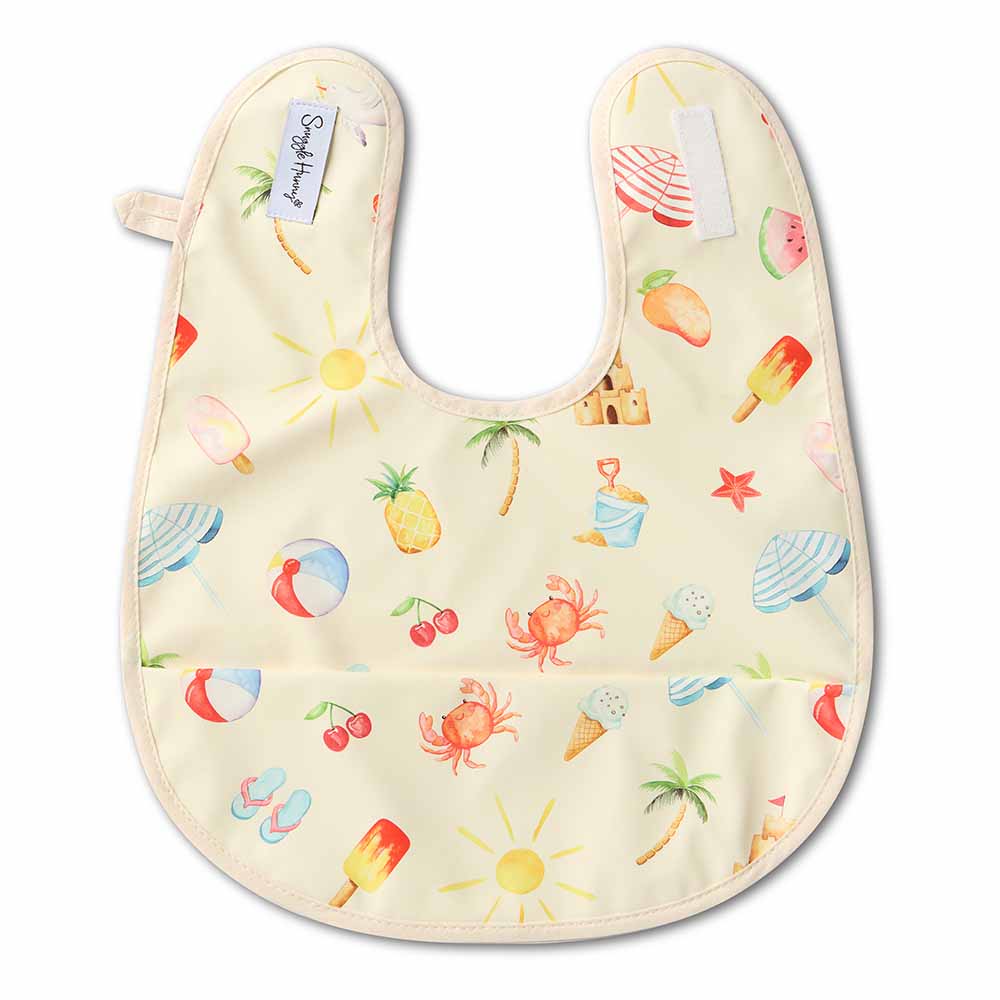 Baby bib with summer-themed pattern on a white background