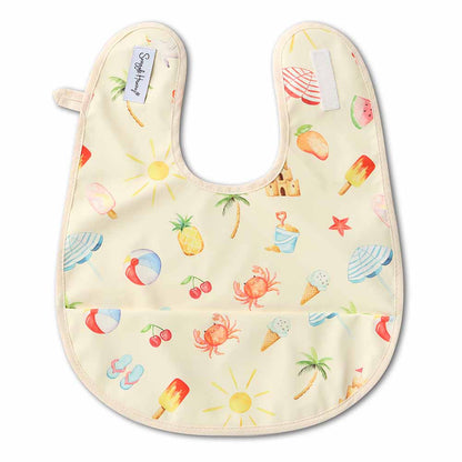 Baby bib with summer-themed pattern on a white background