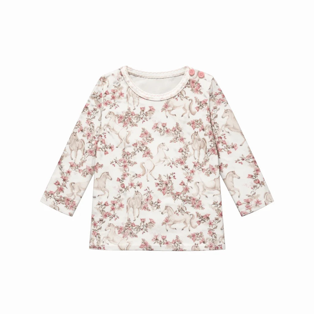Floral patterned long-sleeve shirt on a white background