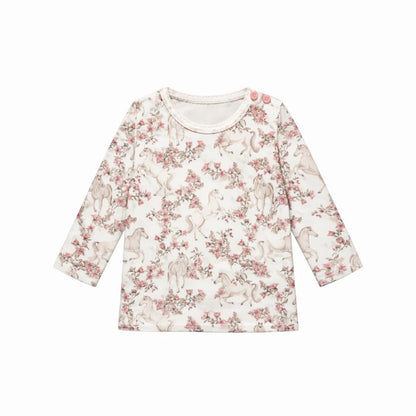 Floral patterned long-sleeve shirt on a white background