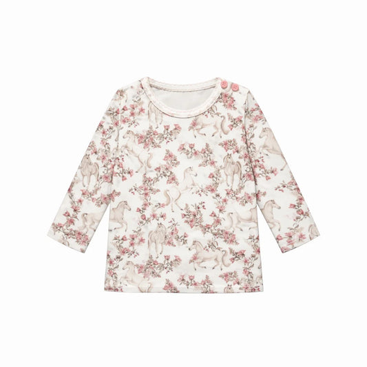 Floral patterned long-sleeve shirt on a white background