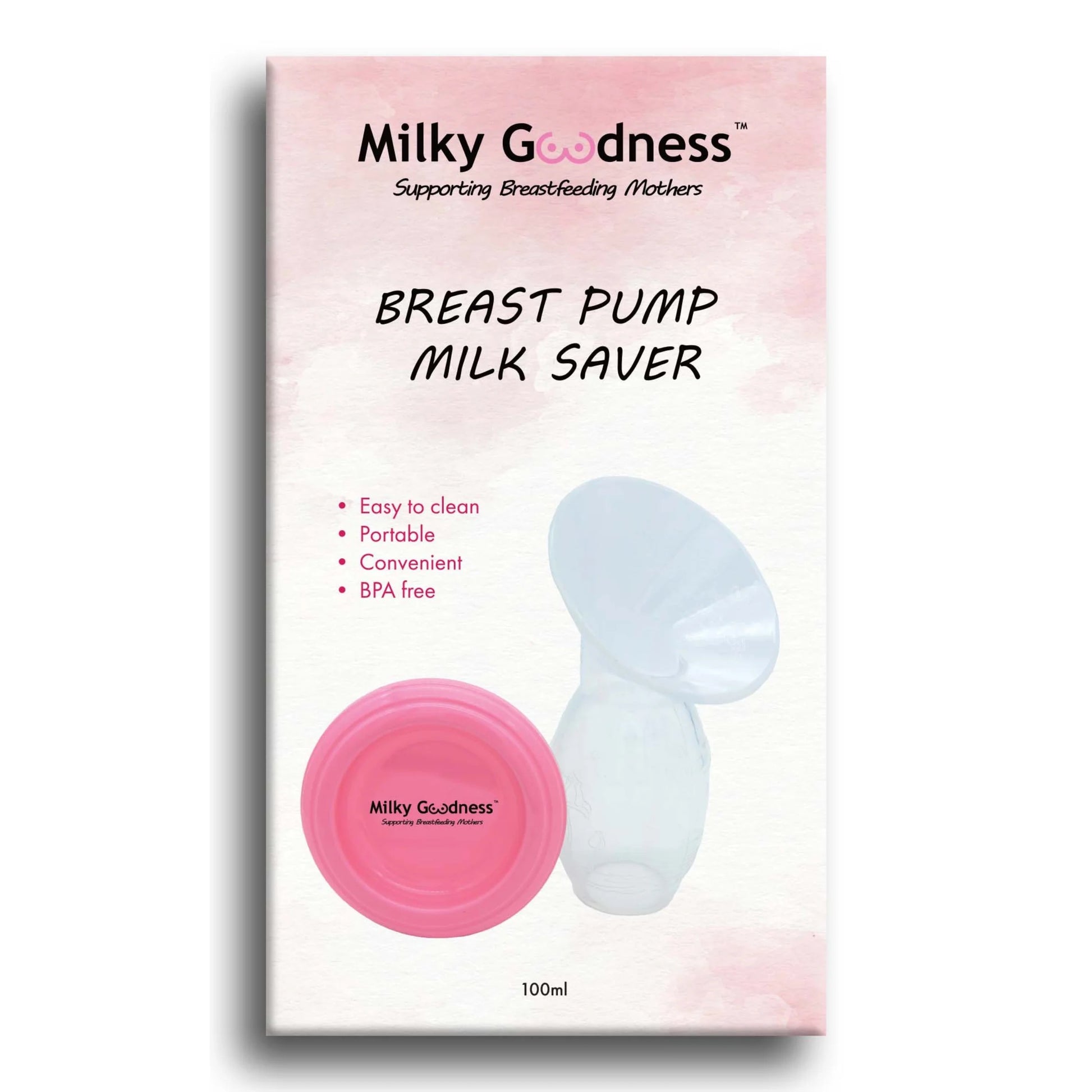 Milky Goodness breast pump milk saver packaging with pink and white design.